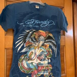 Y2K Christian Audigier Blue Graphic Tee with Multicolor Design